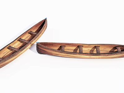 Two Wooden Boat Models With Natural Wood Texture And Seating Planks 3d model