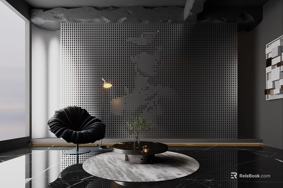 Black Accent Chair With Round Coffee Table Plant Against Perforated Metal Wall And Round Rug 3d model 