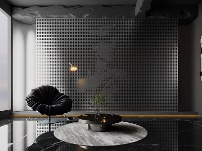 Black Accent Chair With Round Coffee Table Plant Against Perforated Metal Wall And Round Rug 3d model