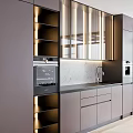 Modern Kitchen Interior With Marble Island Range Hood Built-in Ovens And Grey Cabinets