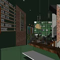 Café Interior With Green Walls Bookshelves Bamboo Pendant Lights Potted Plants Tables And Blackboard Menu