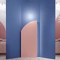 Stylish Beauty Salon Interior With Pink Arches White Sheer Curtains Blue Walls And Pink Furniture