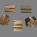 Various Types of Stacked Stone and Wood Pieces with Natural Logs and Textured Blocks