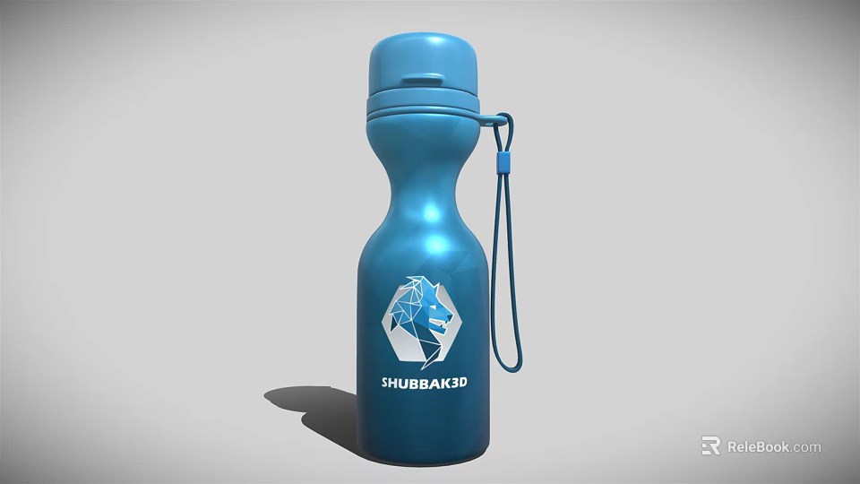 Blue Metal Water Bottle With SHUBBEAKED Logo Lion Head Design And Carabiner Strap 3d model 