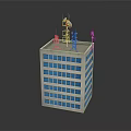 Cartoon Style Tall Building Model with Blue Windows and Top Antennas