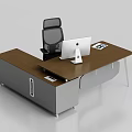 Modern Work Desk with Computer Monitor Office Chair Drawer Cabinet and Wooden Top