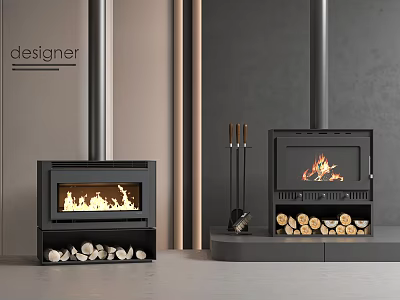 Modern Fireplaces With Burning Flames Wood Logs And Fireplace Tools In Interior 3d model