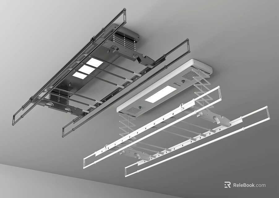 Ceiling Mounted Metal Clothes Drying Rack With LED Lights And Adjustable Rails 3d model