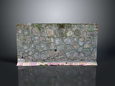 Rustic Textured Stone Wall Structure With Colorful Patterned Bricks At Base 3d model