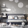 Kids Room Interior With Rocket Planet Wall Decor Bed Toys Shelf And Cozy Rug