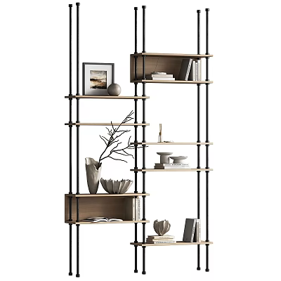 Modern Bookshelf With Metal Frame Wooden Shelves And Decorative Vase Framed Picture Books Bowls 3d model