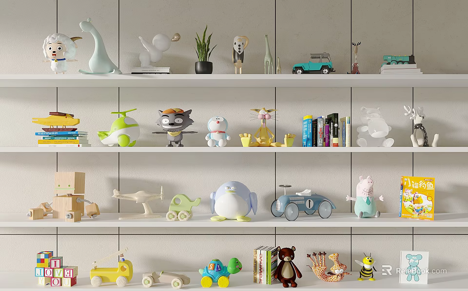 Colorful Dolls And Toys Displayed On Shelves 3d model 
