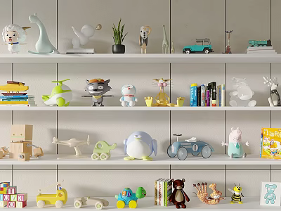 Colorful Dolls And Toys Displayed On Shelves 3d model