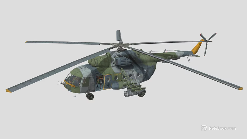 Detailed Military Camouflage Helicopter With Rotors Fuselage And Equipment Structure 3d model 