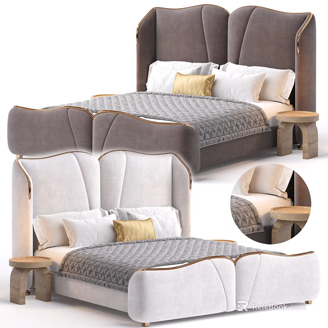Double Bed With Tufted Upholstered Headboard Decorative Pillows And Gray Quilted Bedspread 3d model 