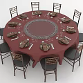 Round Dining Table Set With Red Tablecloth Eight Chairs And Tableware Arrangement 3d model
