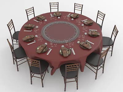 Round Dining Table Set With Red Tablecloth Eight Chairs And Tableware Arrangement 3d model