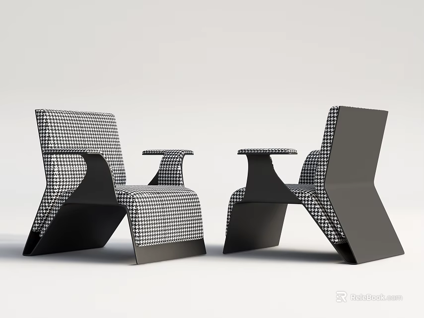 Pair Of Modern Leisure Chairs With Black And White Checkered Fabric And Black Frame 3d model 