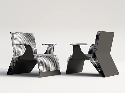 Pair Of Modern Leisure Chairs With Black And White Checkered Fabric And Black Frame 3d model