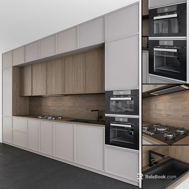 Modern Kitchen Design With Wooden And White Cabinets Countertop Sink And Oven 3d model 