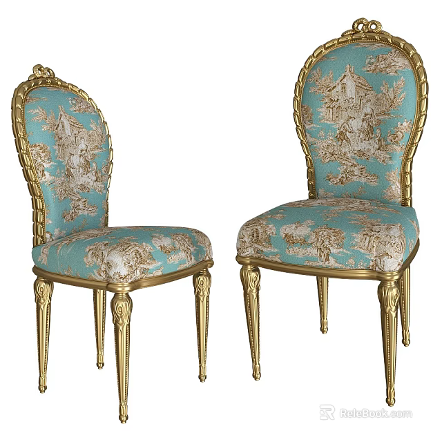 Classic Style Dining Chairs With Golden Carved Frame Ornate Backrest And Patterned Fabric 3d model 