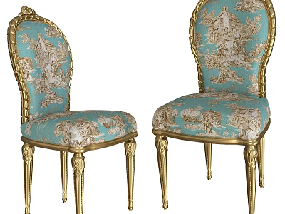 Classic Style Dining Chairs With Golden Carved Frame Ornate Backrest And Patterned Fabric 3d model