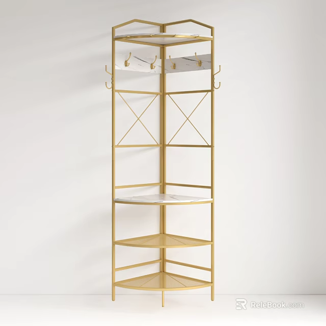 Modern Golden Metal Clothes Rack with Tiered Shelves and Hanging Hooks for Bedroom 3d model 