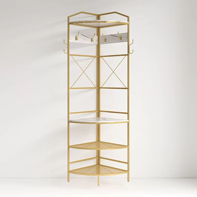 Modern Golden Metal Clothes Rack with Tiered Shelves and Hanging Hooks for Bedroom 3d model