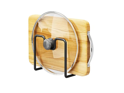 Kitchen Pot Lid Holder With Wooden Panel And Black Metal Rack For Glass Lid Storage 3d model