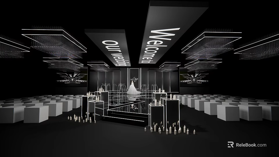 Elegant Banquet Hall Interior With Welcome Sign Stage Seats Chandeliers And Candlesticks 3d model 