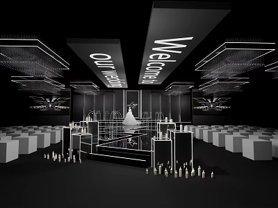 Elegant Banquet Hall Interior With Welcome Sign Stage Seats Chandeliers And Candlesticks 3d model