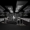 Elegant Banquet Hall Interior With Welcome Sign Stage Seats Chandeliers And Candlesticks