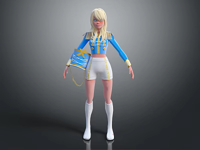 Blonde Haired Character In Blue White Uniform With Gold Accents Shorts Boots And Blue Bag 3d model