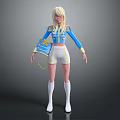 Blonde Haired Character In Blue White Uniform With Gold Accents Shorts Boots And Blue Bag