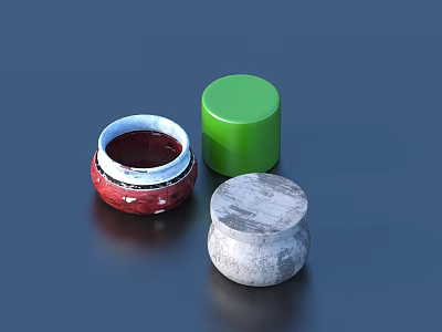 Decorative Ornament Set With Red Patterned Container Green Cylinder And Gray Textured Jar 3d model