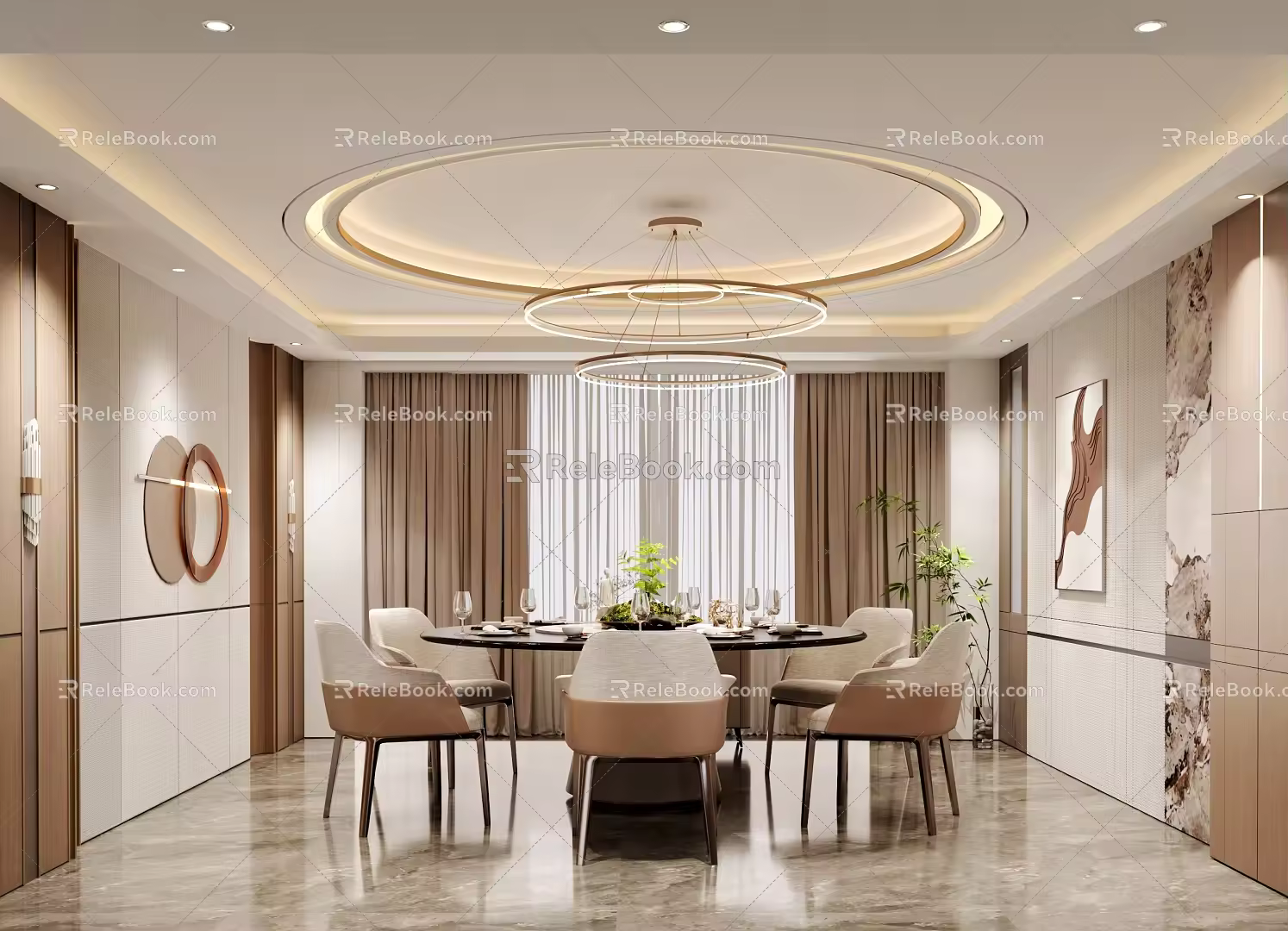 Modern private room dining table ceiling chandelier 3d model