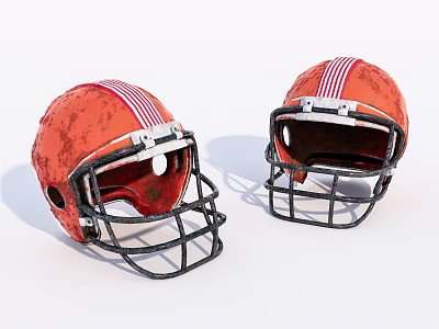 Two Orange Football Helmets With Red White Stripes And Black Facemasks 3d model