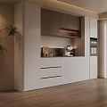 Modern Sideboard With Light Wood Cabinets Drawers And Coffee Machine In Bright Interior