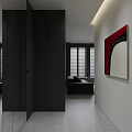 Modern Living Room With Black Sofa White Coffee Table Gray Rug Green Plant And Blinds
