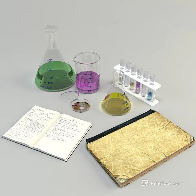 Laboratory Equipment Setup With Flask Beaker Test Tubes Notebook And Magnifying Glass 3d model