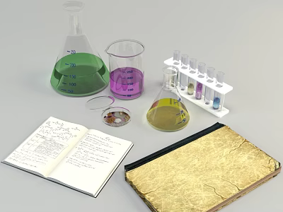 Laboratory Equipment Setup With Flask Beaker Test Tubes Notebook And Magnifying Glass 3d model