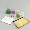 Laboratory Equipment Setup With Flask Beaker Test Tubes Notebook And Magnifying Glass 3d model