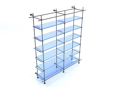 Modern Multi Layer Shelving Unit With Blue Glass Shelves And Metal Frame 3d model