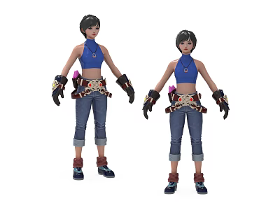 Game Movie Character Design With Blue Top Jeans Gloves And Waist Accessories 3d model