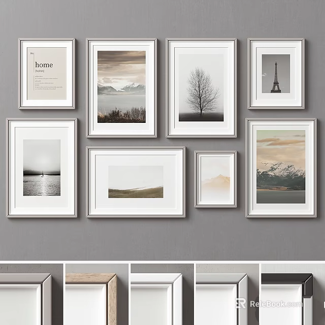 Multiple White Photo Frames of Different Sizes with Landscape Artworks on Gray Wall 3d model 