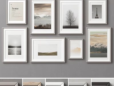 Multiple White Photo Frames of Different Sizes with Landscape Artworks on Gray Wall 3d model