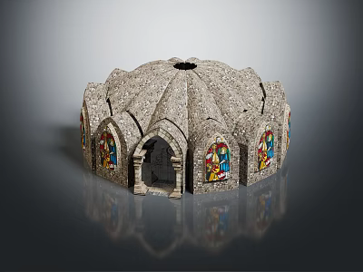 Ancient Architecture Domed Structure With Stained Glass Windows And Arched Doorway Design 3d model