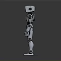 Metallic Humanoid Robot With Blue Light Eye Standing On Dark Reflective Surface