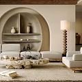 Warm Living Room Interior Design With Beige Sofas Arched Niche Shelf And Neutral Rug