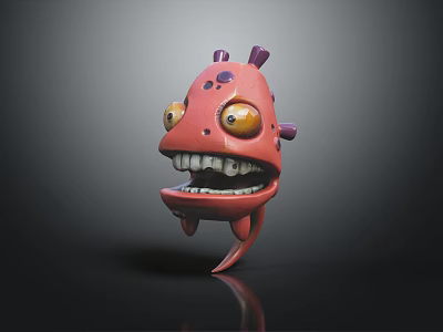 Red Game Movie Character With Big Yellow Eyes Sharp Teeth Purple Protrusions And Fierce Look 3d model